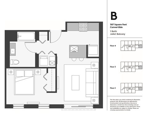 Floor plan for 1 bed, 1 bath, 587 sqft